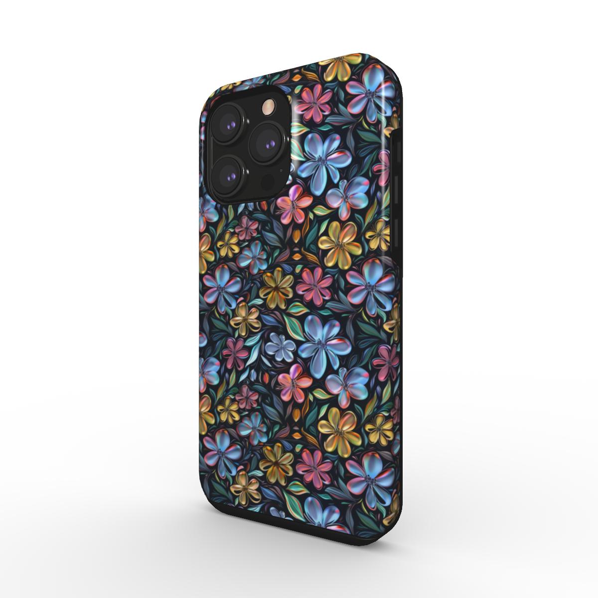 Étui de téléphone résistant à fleurs métalliques