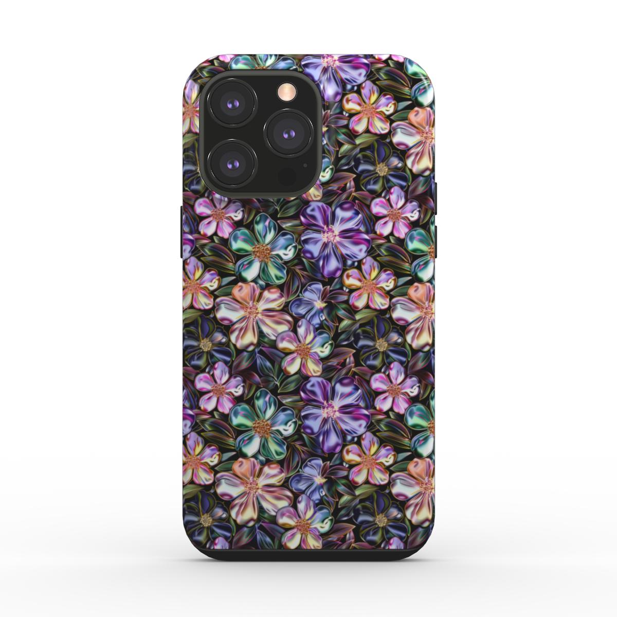 Étui de téléphone résistant à fleurs métalliques vibrantes